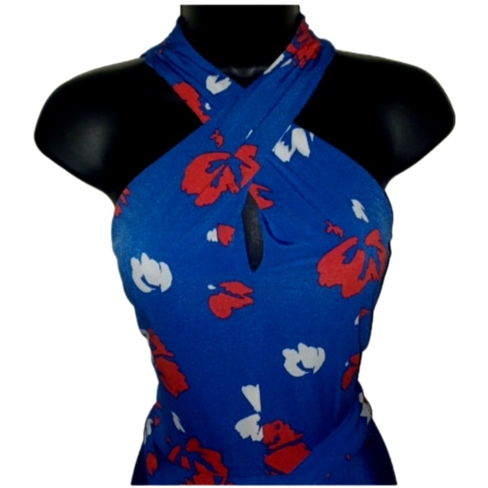 Tahari | Blue Floral Halter Dress - Picture 3 of 5